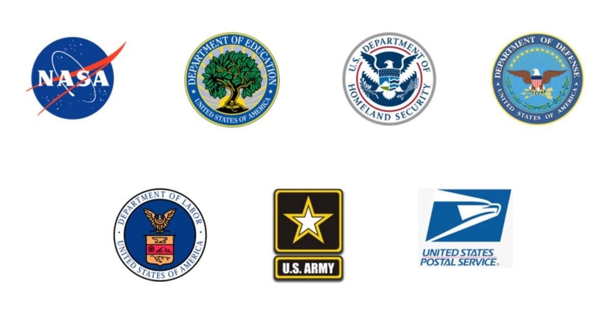 Client logos: NASA, Department of Education, Homeland Security, Department of Defense, Department of Labor, U.S. Army and U.S. Postal Service